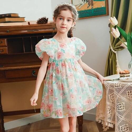 Baby Girls French Dress Summer Puff Sleeve Floral Chiffon Dresses for Girls Princess Party Wedding Dresses Children Clothes 2021