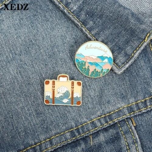 Adventure new pin round mountain green tree map brown custom wave suitcase enamel pin brave pin gift gift for adventurous friend