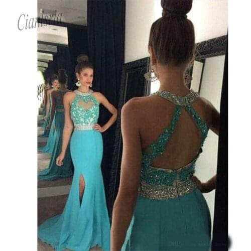 Sexy mermaid lace prom dresses light blue plus size backless long split evening party formal dresses gowns