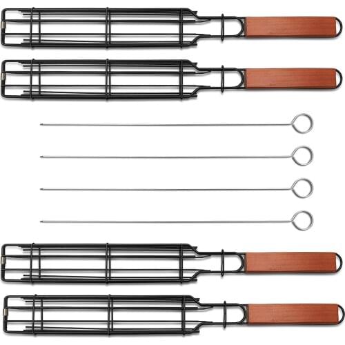 4 Pcs Kabob Grilling Basket Reusable Durable Anti-corrosion Wooden Handle Barbecue Tool Grill Basket Grill Net For Co-worker #G3