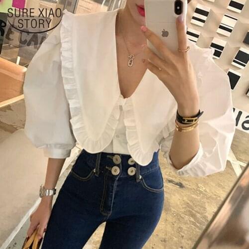 Sweet Peter Pan Collar Ruffled White Shirt Korean Women Loose Blouses and Tops Puff Short Sleeve Fashion Clothing Blusas 14253