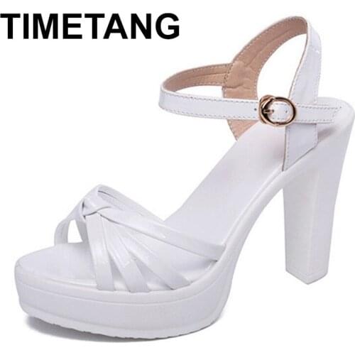 TIMETANGHee Leather Block Shoes Platform Women Summer Sandals 2019 White Wedding Shoes High Heels Ladies Sandals for PartyE1348