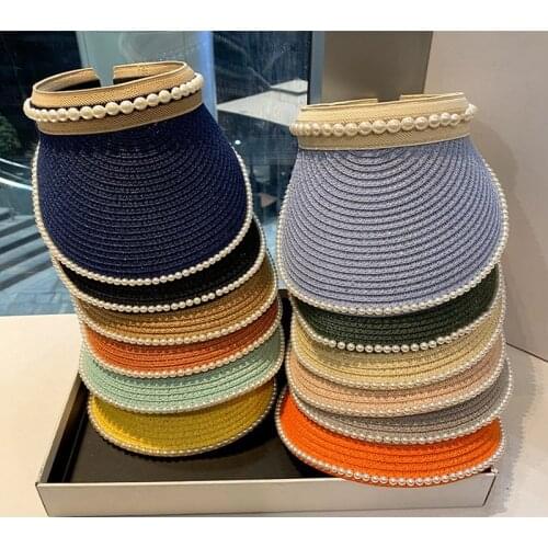 WZCX Pearl Inlay Sun Protection Summer Outdoor Straw Hat Korean Version Shading Women Empty Top Hat Sun Visor Cap