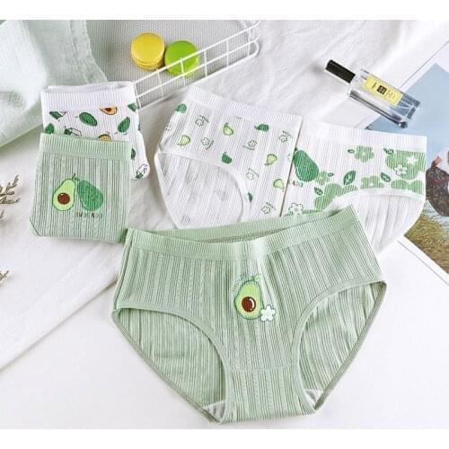 Avocado Pattern Cotton 1Pcs Women Panties Green Breathable Underpants Japanese Style Petal Pure Color Underwear