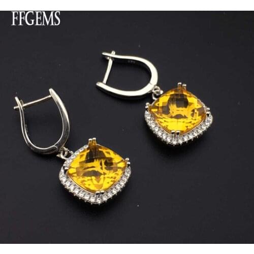 FFGems Natural Yellow Citrine square big stone hang Sterling 925 Silver Drop Earring For Women Party Wedding Gift box wholesale