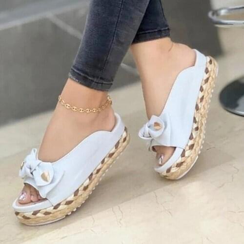 2021 Women Slippers Summer Platform Wedges Mid Heels Bow Tie Peep Toe Fashion Slides Beach Outdoor Ladies Shoes Zapatos De Mujer