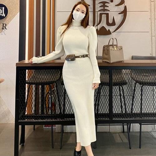Autumn Winter Women Knitted Dress Turtleneck Sweater Dresses 2021 Lady Slim Bodycon Long Sleeve Bottoming Dress Vestidos AIYANGA