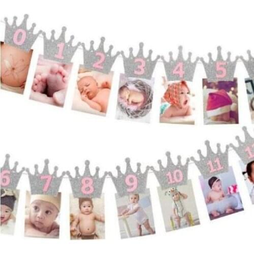 Golden/slivery crown Party Flag 1st first Birthday Pennant bell garland Banner Bunting for Decoration DIY favor