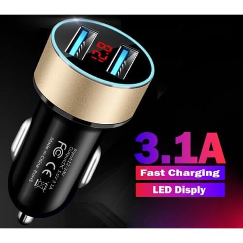 3.1A Dual USB Car Charger For iPhone SE 2020 Xiaomi 11 Ultra Samsung S20 FE With LED Display Universal Mobile Phone Car Charger