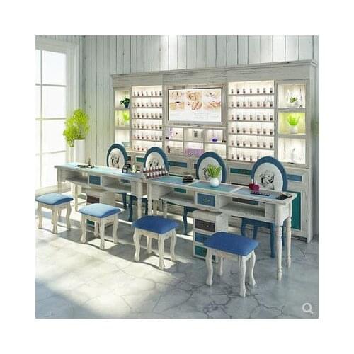 American Mediterranean solid wood retro nail table and chair set single double nail table blue and white