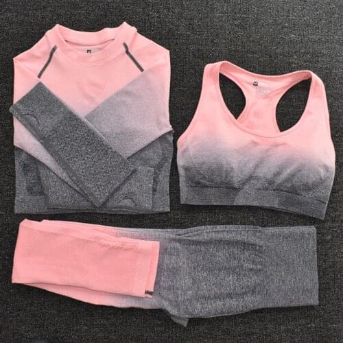Seamless Gradient Colors Women Yoga Set Long Sleeve Crop Top Gym Bra Fitness Leggings Workout Sports Suit Running Joggings Pants