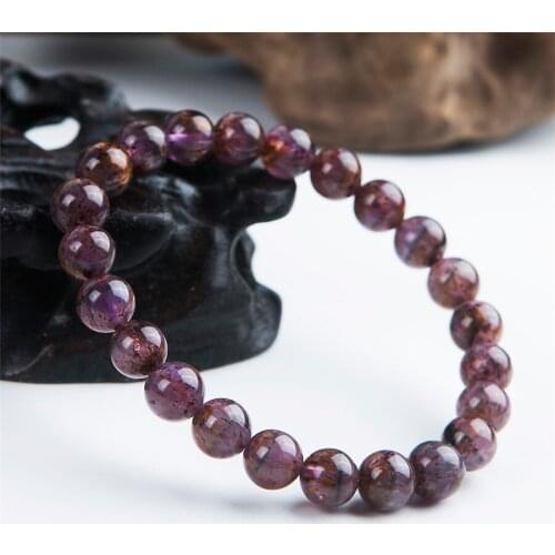 8mm Purple Gold Natural Rutilated Quartz Bracelets Genuine Cacoxenite Gemstone Crystal Stretch Round Bead Bracelet