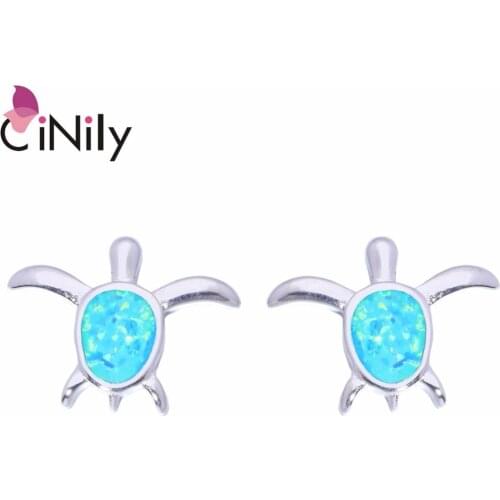 CiNily Created Blue Fire Opal Silver Plated Wholesale Lovely Cute Tortoise for Women Jewelry Party Stud Earrings 16mm OH3178