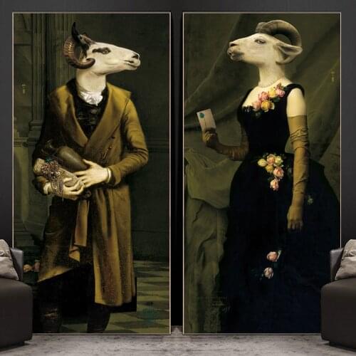 Gentleman And Lady Goat Couple Vintage Canvas Oil Paintings On Wall Art Posters And Prints Funny Animal Pictures Corridor Decor