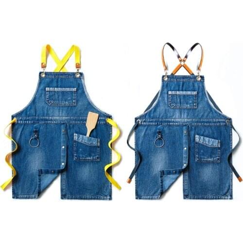 E56C Denim Jeans Canvas Apron Cross Back Adjustable Chef Apron Multi-pocket Strap