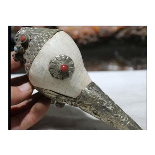 Fairy Decorative Handmade Tibet Silver Tibetan Old Silver Inlay Gem musical instrument Shell Conch Horn Trumpet Statue
