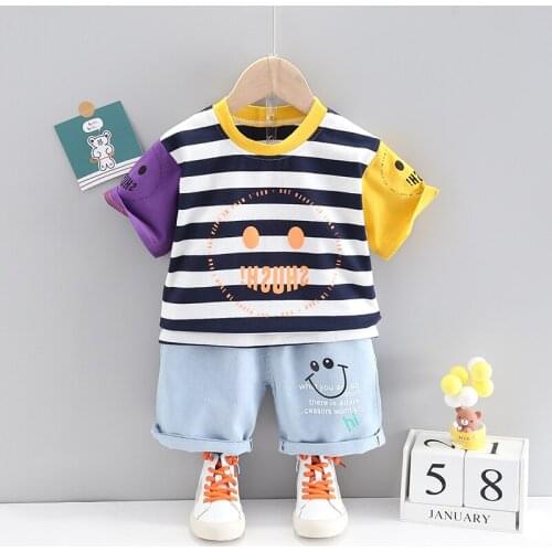 Baby Kids Clothes New 1-4Years Infant Girl Boy Striped Smiling Face T-shirt+Denim Shorts Summer Outfits Fashion Toddler Clothing