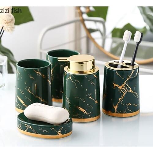Imitation Marble Bathroom Accessories Set Gilded Bath Supplies Ceramic Portable Soap Dispenser Toothbrush Holder Soap Box Cup