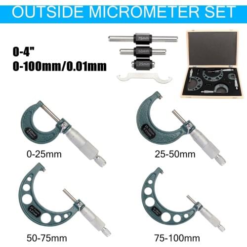 4Pcs 0-100mm Metric External Precision Micrometer Measuring Caliper WIth Case