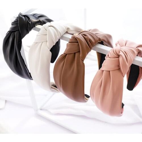 Korean New Headband Fashion Solid PU Leather Middle Knot Headdress Hairbands Women Girls Hair Hoops Hair Accessories