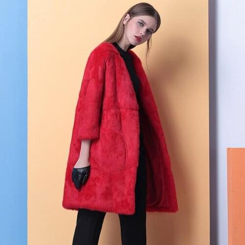New 100%genuine real natural full pelt rabbit fur coat women fashion whole skin long section jacket female v neck outwear