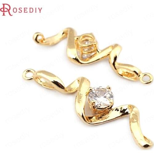 33683)6PCS 32*11MM 24K Gold Color Brass with Zircon 2 Holes Snake Charms Pendants High Quality Diy Jewelry Findings Accessories