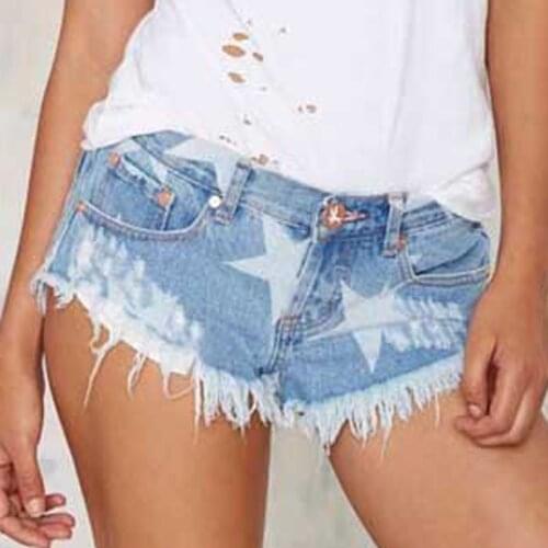 Summer Cool Denim Booty Shorts Star Printing Short Jeans Women Elastic Waist Pockets Casual Bull-puncher Knickers