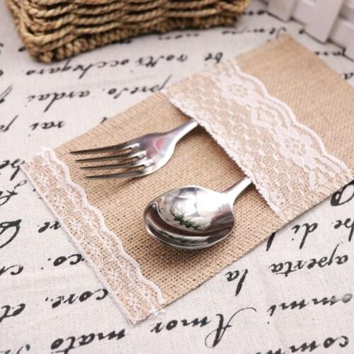 Natural Hessian Burlap Lace Cutlery Bag Pouch Knives Forks Spoon Tableware Set Bag For Baby Shower Wedding Hotel Party Supply