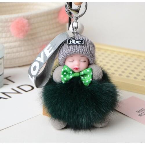 Fashion Colorful Sleeping Baby Doll Hanging Piece Hair Ball Pendant Cute Fluffy Pompom Chain Cotton Wool Holder Bag Ball Toy