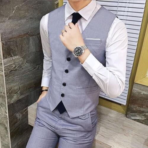 Men Non-shrink Solid Color Vest Suit Single-breasted Slim-fits Polyester Fashion Formal Waistcoat for Business