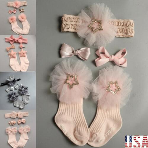 4pcs/Sets Newborn Baby Girls Boys Socks Lace Ruffle Tutu Socks Frilly Ankle Princess Anti Slip Socks+Headband