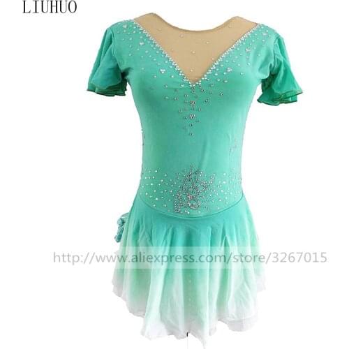Figure Skating Dress Womens Girls' Ice Skating Dress Light green Short sleeved V collar style A gradient skirt Lovely beautiful