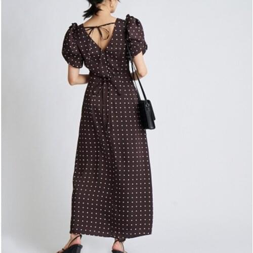 V Neck Puff Sleeve Slim Waist Dresses Summer New Sexy Blackless Drawstring Design Woman Dress 2021 Fashion Elegant One Piece