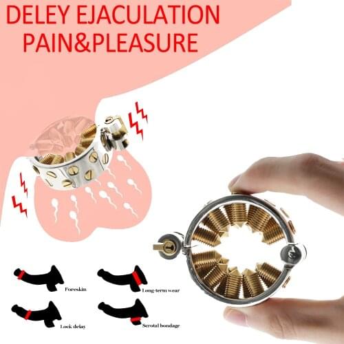 KALIS TEETH Ball Stretcher Cock Penis Ring Lock 2 Rows Golden Spikes Scrotum Pendant Chastity Belt Device Male Torture Sex Toys