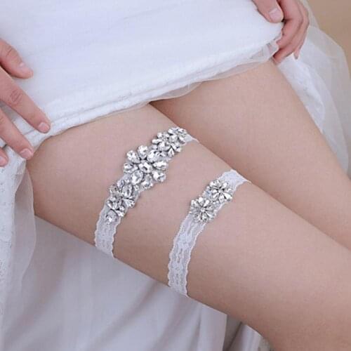 Wedding Bridal Garter Set Crystal Rhinestone on a WHITE with crystal Garter Set Toss Ivory Lace Bow X5W7