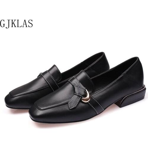 Ladies Leather Shoes Square Toe Pumps Low Heels Plus Size 42 43 Comfy Beige Black Korean Style Shoes for Women Loafers Slipper
