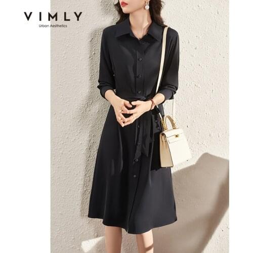 VIMLY Autumn 2021 New Womens Shirt dress Long Sleeve Office Lady High Waist A-line Solid Dresses Female Vestido Robe F8839