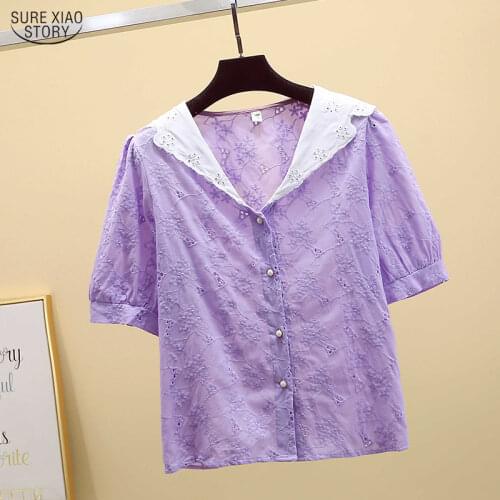 Solid Hollow Out White Shirt Women Korean Fashion Clothing Office Lady Chiffon Blouse Elegant Summer V-neck Ladies Tops 9879