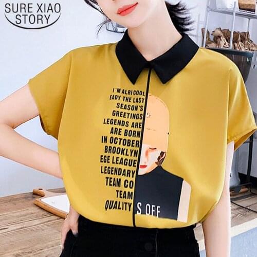 Casual Fashion Women Chiffon Short Sleeve Shirt Turn-down Collar Spliced Women Tops Yellow White Letter Women Clothing 5383 50