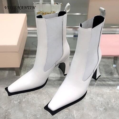Leather Stitching Stretch Fabric Autumn and Winter Show Chelsea Short Boots Square Toe Shaped Heel Fashion Boots Women