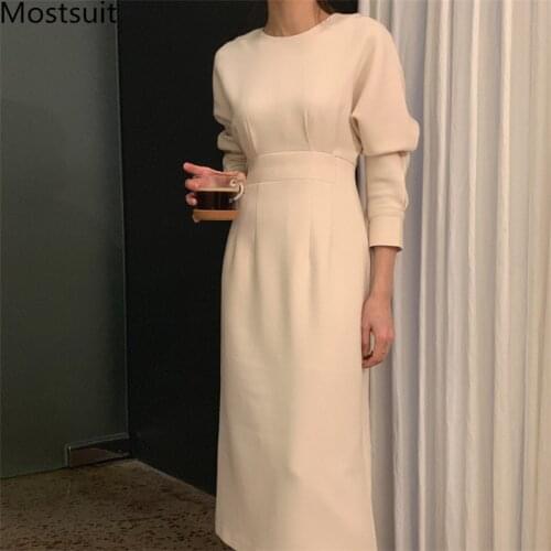 Korean Solid Elegant Women Long Dress 2021 Spring Full Sleeve O-neck A-line Dresses Ol Style Workwear Female Fashion Vestidos