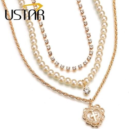 USTAR Vintage Crystals Choker Necklaces for Women Created Pearls Heart Cross pendant Necklace 2018 collar Bohemia Jewelry gifts