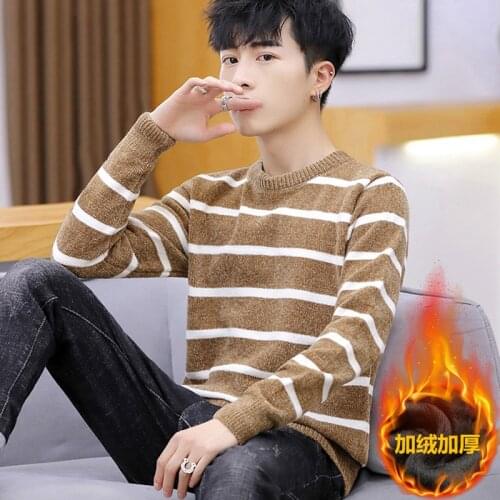 Winter sweater mens round neck Korean mens Plush thickened warm youth striped sweater mens top