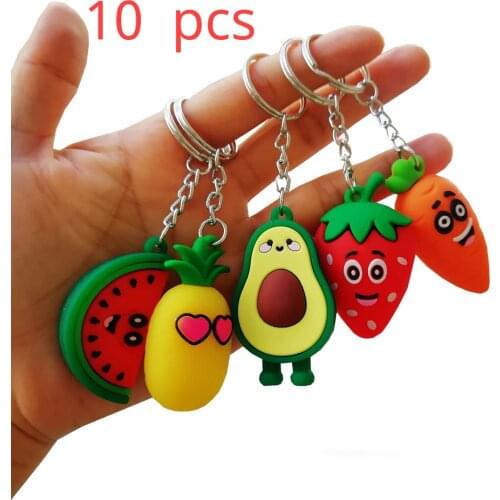 10pcs/ Cute Cartoon Fruits Keychain Pvc Carrot Strawberry Pineapple Watermelon Keychains Women Bag Pendant Keyring