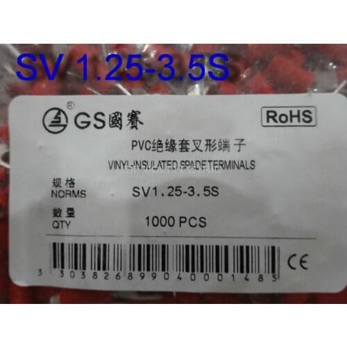 1000pcs/lot RV1.25-3.5S AWG22-16 0.5-1.5mm2 #6 Bolt Wire Connector Red Ring Terminal