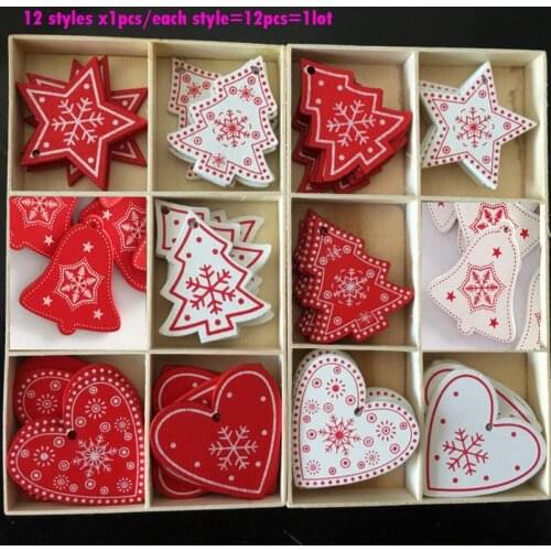 12pcs/Lot Wooden Christmas Decoration Red White Christmas Tree Ornament Hanging Pendants Heart Bell Elk Christmas Decorations