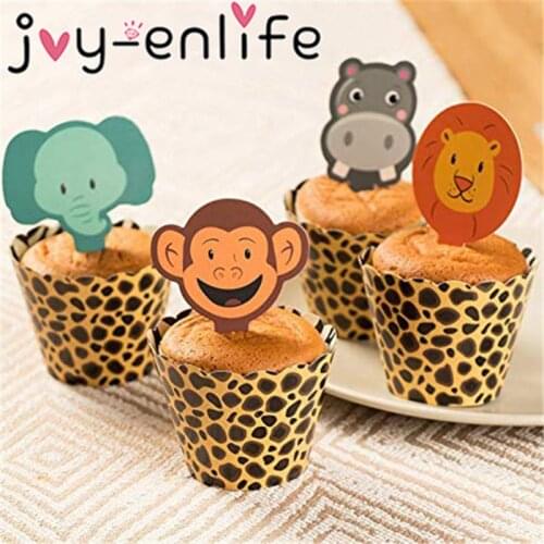 Children Jungle Animal Birthday Party Cupcake Decoration 24pcs Cake Toppers Wrappers Baby Shower Safari Birthday Party Decor