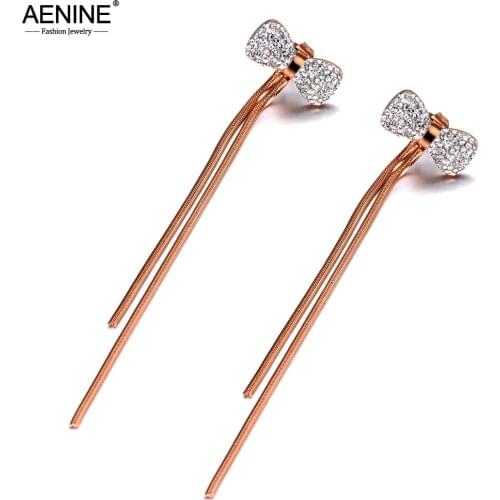 AENINE Trendy Titanium Stainless Steel Bowknot Earrings Jewelry White Clay Rhinestone Tassel Earrings For Women Girls AE20015