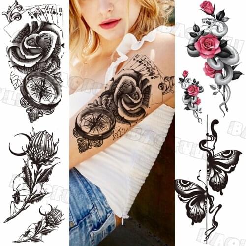 Large Rose Compass Poker Temporary Tattoos For Women Adult Henna Rose Butterfly Fake Tattoo Waterproof Body Art Tatoos Flowers
