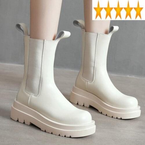 Luxury Platform Chelsea Women Brand Genuine Leather White Ankle England Style Work Boots Female High Top Shoes